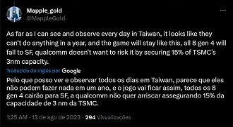 Dificilmente a TSMC terá capacidade de produção de chipsets 3 nm para abarcar o pedido da Apple com o da Qualcomm. Fonte: Twitter (@MappleGold)