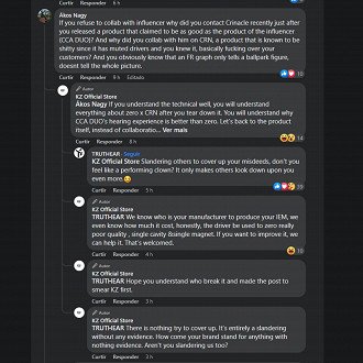 Discussão entre a KZ e a Truthear na publicação do Facebook da página da empresa a respeito do fone de ouvido KZ Krila.