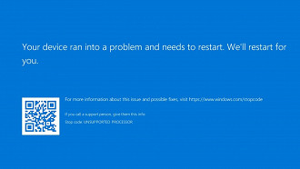 Captura de tela do erro UNSUPPORTED_PROCESSOR exibido na tela azul (BSOD) de computadores com Windows 10 e Windows 11 com placas-mãe da MSI. Fonte:  windowslatest.