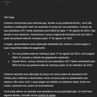 Captura de tela do e-mail enviado pelo Tidal informando sobre a decisão de manter o valor da assinatura do plano família por mais 1 mês. Fonte: Vitor Valeri