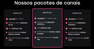 Pacotes Lite, Full e Lite+ tem até 100 canais