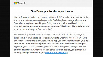 Comunicado da Microsoft sobre mudanças no armazenamento de fotos e vídeos em álbuns do OneDrive. Fonte: drwindows