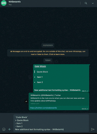 Mensagens de texto formatadas no Whatsapp; Foto WaBetaInfo