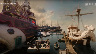 Navio/restaurante Baratie e Going Merry no Live Action One Piece. Fonte: Netflix Navio/restaurante Baratie e Going Merry no Live Action One Piece. Fonte: Netflix