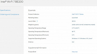 Ficha técnica do módulo Intel Wi-Fi 7 BE200 que contará com suporte ao Windows 10 e Windows 11. Fonte: Intel