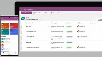Captura de tela da versão gratuita do Microsoft Lists na Web junto com um celular Android utilizando o aplicativo. Fonte: Microsft