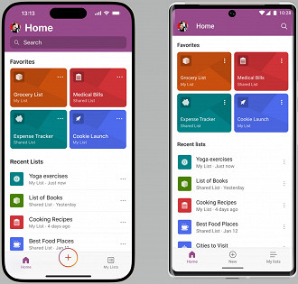 Capturas de tela demonstrando o funcionamento do Microsoft Lists em um celular Android. Fonte: Microsoft