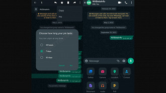 Capturas de tela demonstrando o recurso de fixação de mensagens em conversas individuais no WhatsApp. Fonte: WABetaInfo