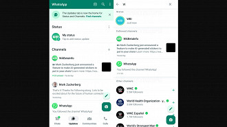 Capturas de tela demonstrando o recurso de busca de canais e status na guia (aba) atualizações do WhatsApp. Fonte: WABetaInfo