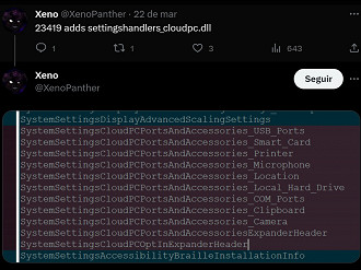 Informações sobre o Cloud PC no Windows 11 Build 23419. Fonte: X (XenoPanther)