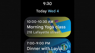 Visualização de eventos e atividades do Google Agenda em um smartwatch com Wear OS. Fonte: Google