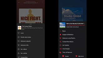 Opções mostradas ao selecionar o botão com três pontos na vertical - Spotify a esquerda e Apple Music a direita. Fonte: Vitor Valeri