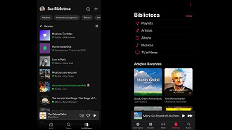 Exibição dos álbuns, artistas e playlists de cada serviço - Spotify a esquerda e Apple Music a direita.