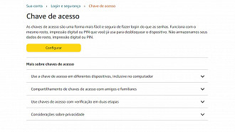 Página de configuração das chaves de acesso (passkeys) no site da Amazon Brasil. Fonte: Vitor Valeri