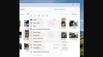 Agora é possível criar arquivos em 1-Zip e TAR, além do ZIP no Explorador de Arquivos na compilação (Build) 25992 do Windows 11. Fonte: Microsoft