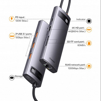 Baseus StarJoy 8-Port Type-C Hub Adapter - Lista dos melhores hubs USB-C para seu notebook, tablet, smart TV e mais. Fonte: baseus