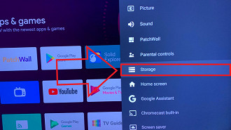 Verificando o armazenamento da smart TV Android para saber se está com falta de espaço, causando problema de funcionamento nos aplicativos.