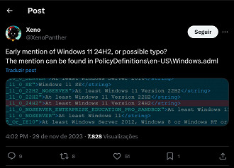 Captura de tela de menções do Windows 11 24H2 na Política de Grupo do sistema operacional. Fonte: X (@XenoPanther)