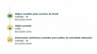 Captura de tela do sistema de rastreamento de objetos dos Correios onde o status Informações eletrônicas enviadas para análise da autoridade aduaneira aparece.