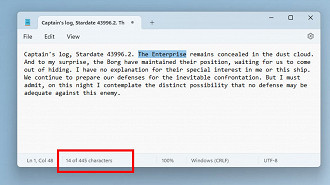 Captura de tela do recurso de contagem de caracteres no Windows 11 para os canais Canary e Dev. Fonte: Microsoft