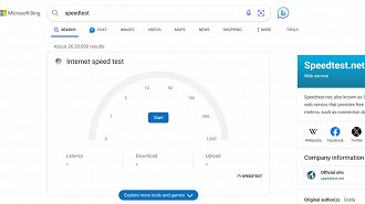 Captura de tela do Bing com o Speedtest aberto. Fonte: Bing