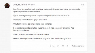 Usuário do NuCommunity, fórum do Nubank, alerta sobre golpe de ligação pedindo para teclar 1 para confirmar a compra ou 2 para falar com um atendente. Fonte: Vitor Valeri