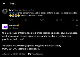 Captura de tela de publicação de usuário no X (novo Twitter) relata sobre instabilidades no aplicativo do Nubank desde domingo até hoje (segunda-feira). Fonte: Vitor Valeri