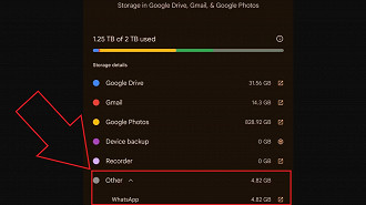 Armazenamento da conta Google agora passa a contabilizar o backup do WhatsApp para Android. Fonte: androidpolice