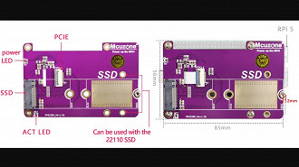 Design do HAT Mcuzone MPS2280 para instalar SSDs M.2 2280 no Raspberry Pi 5. Fonte: Mcuzone