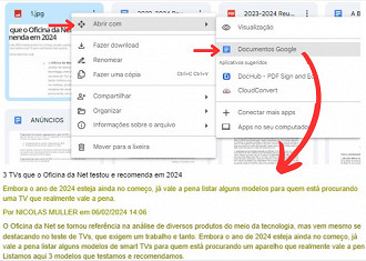 Depois de salvar sua imagem no Google Drive, vá em Abrir com e escolha Documentos Google