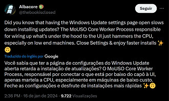Dica do usuário Albacore para realizar atualizações do Windows de forma mais rápida. Fonte: X (@thebookisclosed)