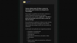 Captura de tela do e-mail enviado pelo Mercado Livre para seus usuários a respeito da nova política de devolução para produtos eletrônicos em sua plataforma. Fonte: Vitor Valeri