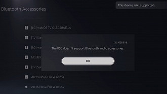 Mensagem com aviso sobre o PS5 não suportar dispositivos de áudio Bluetooth (código CE-109531-9). Fonte: YouTube (canal Hardware Canucks)