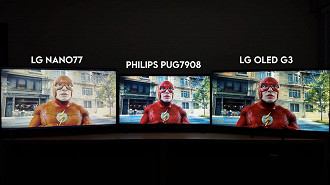 Diferença na qualidade de imagem entre uma TV sem suporte a Dolby Vision (LG Nano77) comparado às que possuem suporte ao formato de HDR da Dolby Laboratories. Fonte: YouTube (canal VRL Tecnologia)