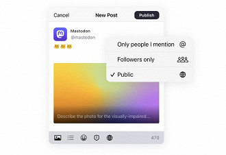 No Mastodon, você pode controlar quem vai ver suas publicações. Imagem: Mastodon/Reprodução