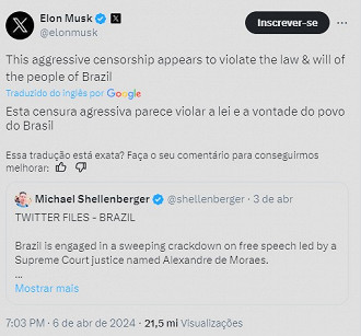 Elon Musk acusa de censura o que Alexandre de Moraes fez