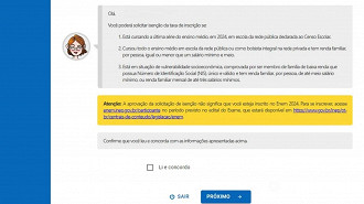 Já dá para pedir a isenção da taxa de inscrição do ENEM 2024. Imagem: Reprodução