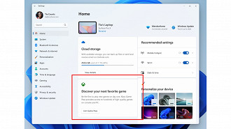 Novo cartão de recomendação do Game Pass na página inicial Configurações.