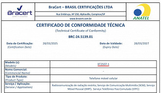 Edge 60 Pro XT2507-1 é homologado na Anatel. Imagem: Anatel/Reprodução Edge 60 Pro XT2507-1 é homologado na Anatel. Imagem: Anatel/Reprodução