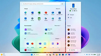 Novo Menu Iniciar com integração do Phone Link. Imagem: Reprodução Novo Menu Iniciar com integração do Phone Link. Imagem: Reprodução