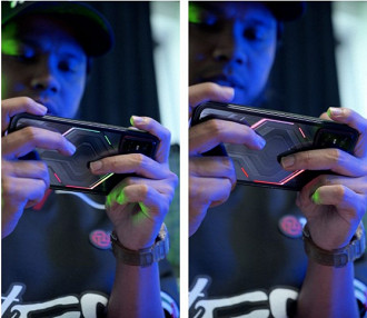 Suposto modelo Infinix GT DynaVue é flagrado na mão de jogadores profissionais. Imagem: Reprodução Suposto modelo Infinix GT DynaVue é flagrado na mão de jogadores profissionais. Imagem: Reprodução