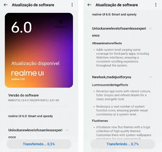 Changelog da atualização do Android 15 no realme C55. Imagem: Tudo em Tecnologia/Reprodução Changelog da atualização do Android 15 no realme C55. Imagem: Tudo em Tecnologia/Reprodução