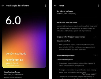 Changelog da atualização com Android 15 e realme UI 6.0 para o realme 11 Pro Plus. Imagem: Oficina da Net Changelog da atualização com Android 15 e realme UI 6.0 para o realme 11 Pro Plus. Imagem: Oficina da Net