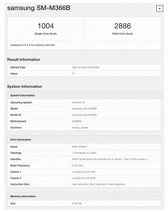 O Galaxy M36 está chegando com processador Exynos e Android 15 (Imagem / Geekbench). O Galaxy M36 está chegando com processador Exynos e Android 15 (Imagem / Geekbench).