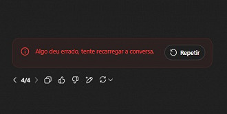 Algo deu errado, tente recarregar a conversa, é o que aparece no ChatGPT hoje. Imagem: Captura de tela Algo deu errado, tente recarregar a conversa, é o que aparece no ChatGPT hoje. Imagem: Captura de tela
