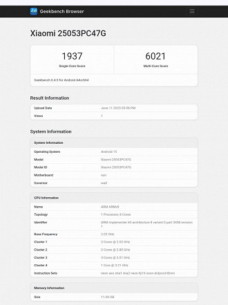 Teste de perfornace do POCO F7 (Imagem / Geekbench). Teste de perfornace do POCO F7 (Imagem / Geekbench).