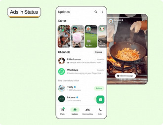 Status do WhatsApp vai passar a exibir anúncios. Imagem: WhatsApp/Reprodução Status do WhatsApp vai passar a exibir anúncios. Imagem: WhatsApp/Reprodução