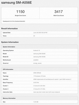 Galaxy A55 com Android 16 no Geekbench Galaxy A55 com Android 16 no Geekbench