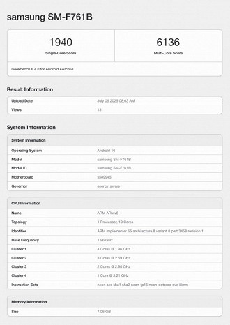Teste de perfornace do Galaxy Z Flip7 FE (Imagem / Geekbench). Teste de perfornace do Galaxy Z Flip7 FE (Imagem / Geekbench).