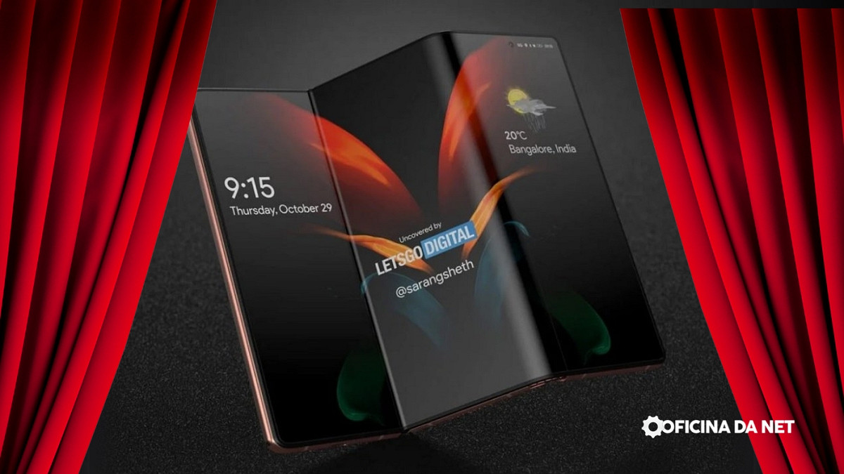  Renderização de um smartphone dobrável com três dobras